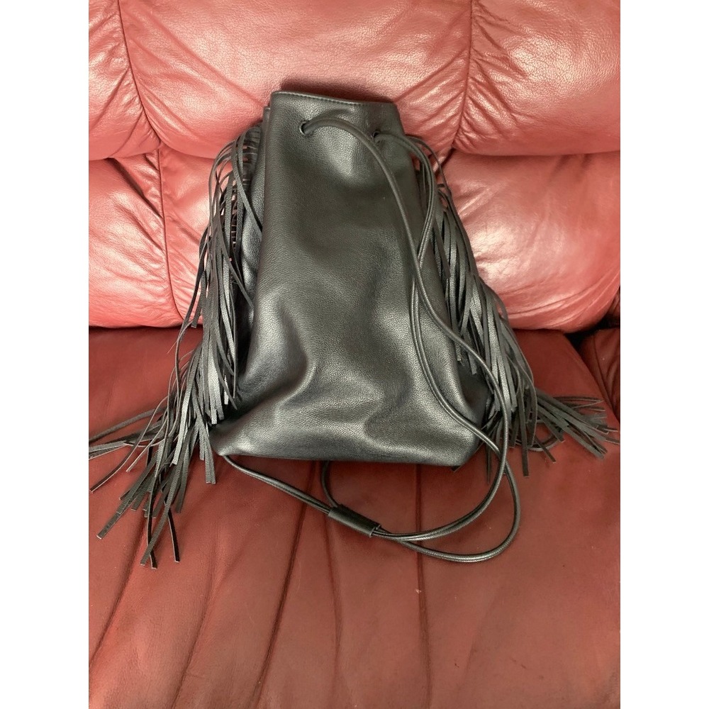 Victoria's Secret Black Faux Leather Fringe Drawstring Bucket Crossbody Bag
